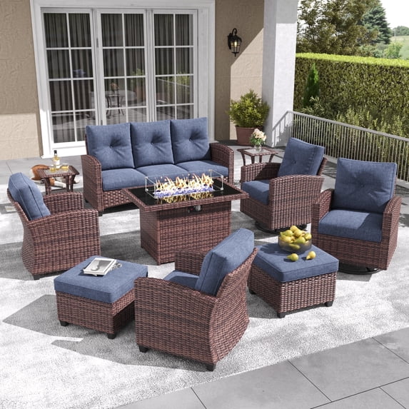 Layinsun 10 Pieces Patio Furniture Set with Swivel Chairs, Rattan Wicker Rocking Glide Chairs with 44" Propane Gas Fire Pit Table Conversation Set
