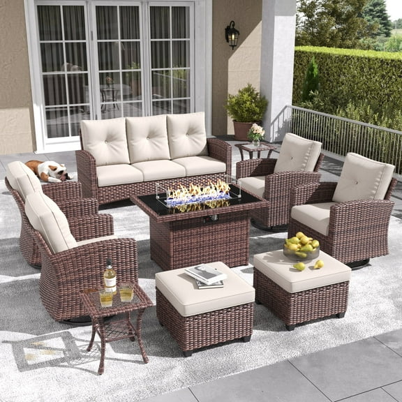 Layinsun 10 Pieces Patio Furniture Set with Swivel Chairs, Rattan Wicker Rocking Glide Chairs with 44" Propane Gas Fire Pit Table Conversation Set