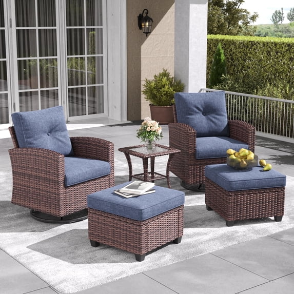 Layinsun 5 Pieces Patio Furniture Set with Swivel Chairs, Rattan Wicker Rocking Glide Chairs with Ottomans Conversation Set