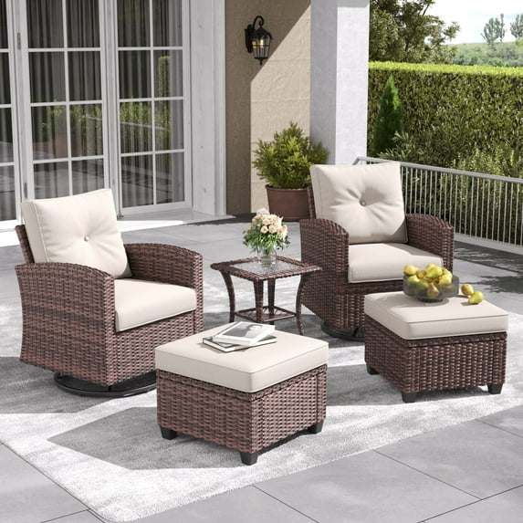 Layinsun 5 Pieces Patio Furniture Set with Swivel Chairs, Rattan Wicker Rocking Glide Chairs with Ottomans Conversation Set
