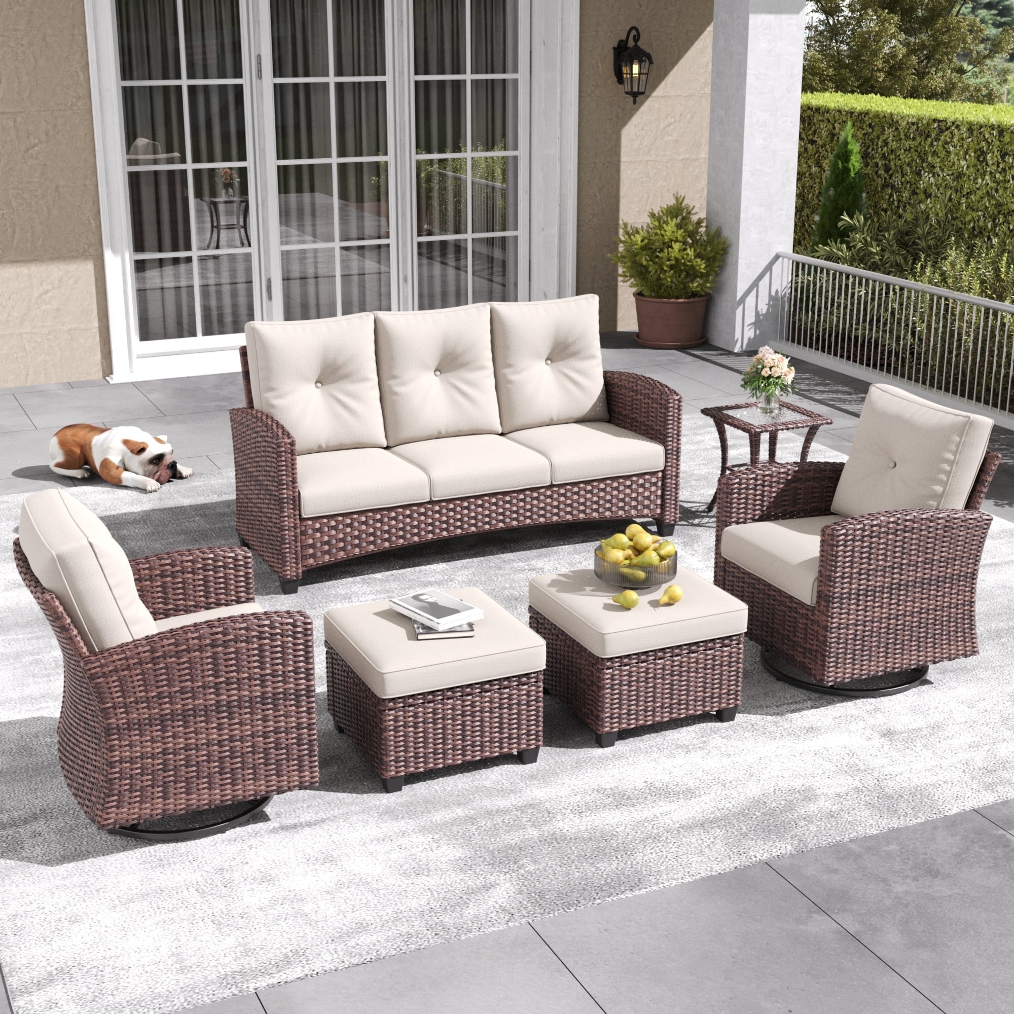 Layinsun 6 Pieces Patio Furniture Set with Swivel Chairs, Rattan Wicker Rocking Glide Chairs with Ottomans Conversation Set