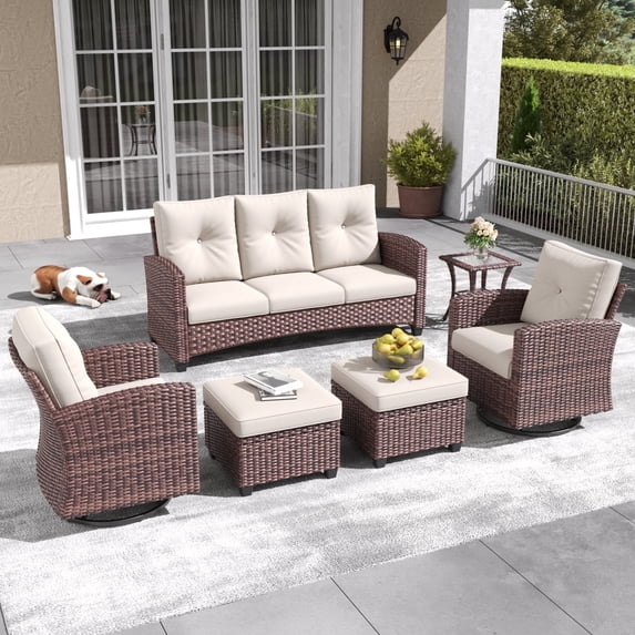 Layinsun 6 Pieces Patio Furniture Set with Swivel Chairs, Rattan Wicker Rocking Glide Chairs with Ottomans Conversation Set