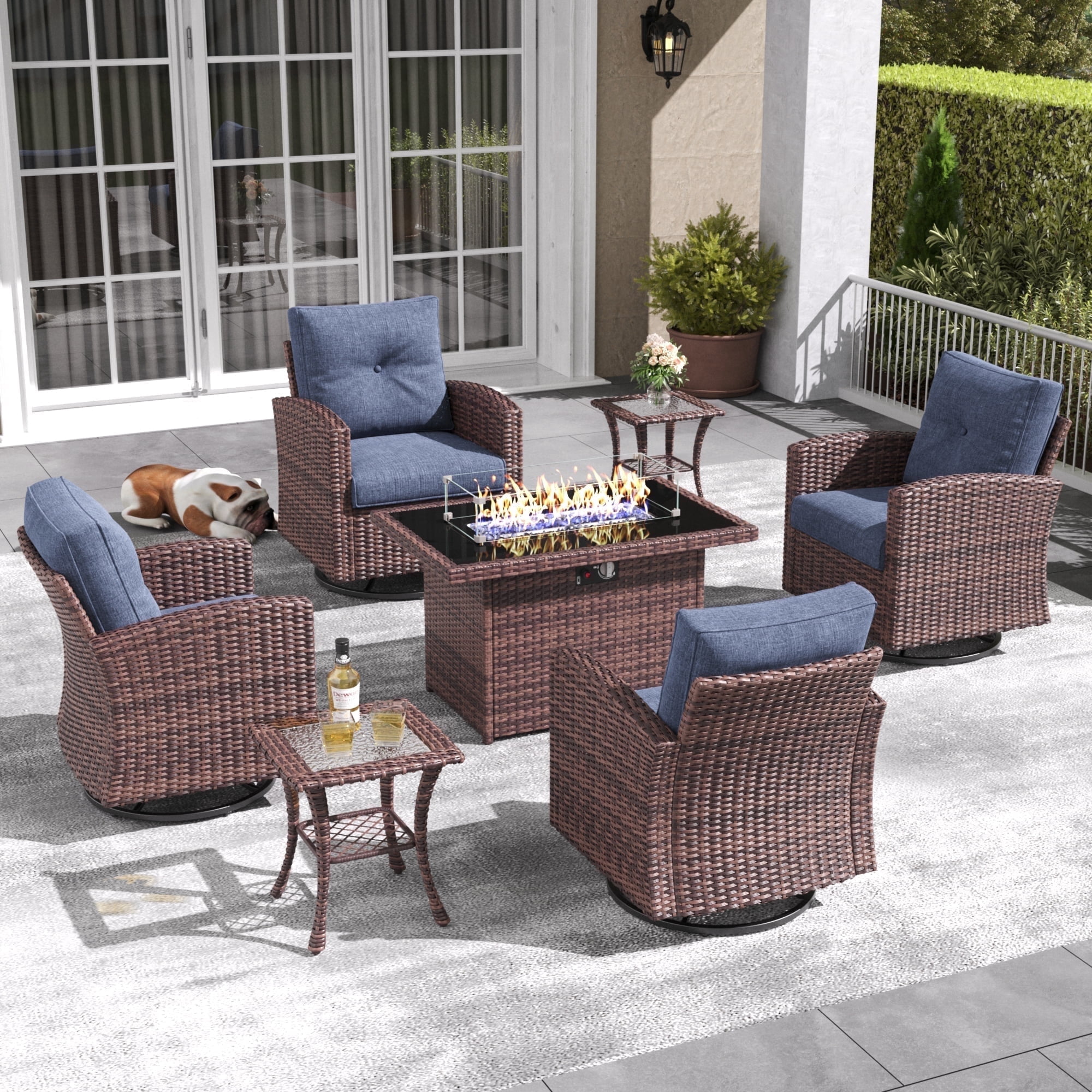 Layinsun 7 Pieces Patio Furniture Set with Swivel Chairs, Rattan Wicker Rocking Glide Chairs with 44" Propane Gas Fire Pit Table Conversation Set