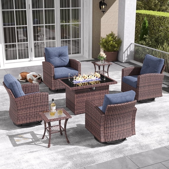 Layinsun 7 Pieces Patio Furniture Set with Swivel Chairs, Rattan Wicker Rocking Glide Chairs with 44" Propane Gas Fire Pit Table Conversation Set