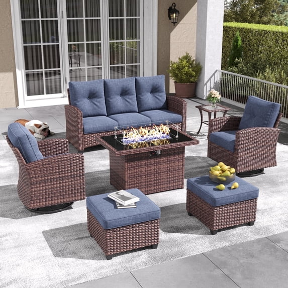Layinsun 7 Pieces Patio Furniture Set with Swivel Chairs, Rattan Wicker Rocking Glide Chairs with 44" Propane Gas Fire Pit Table Conversation Set