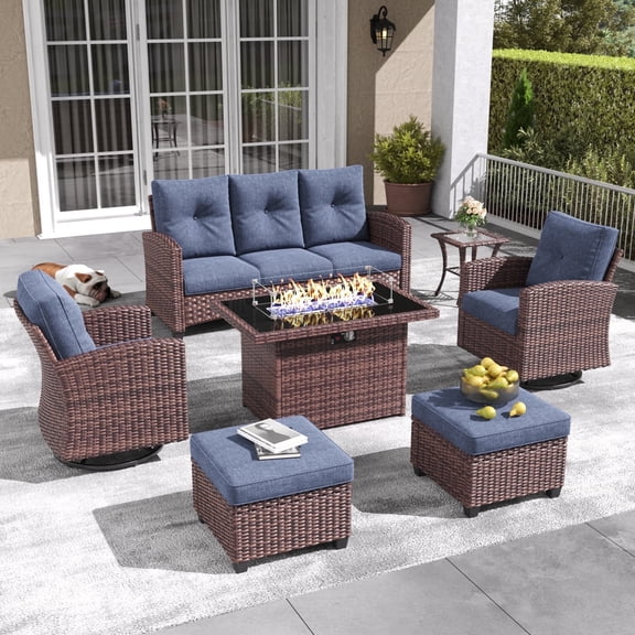 Layinsun 7 Pieces Patio Furniture Set with Swivel Chairs, Rattan Wicker Rocking Glide Chairs with 44" Propane Gas Fire Pit Table Conversation Set