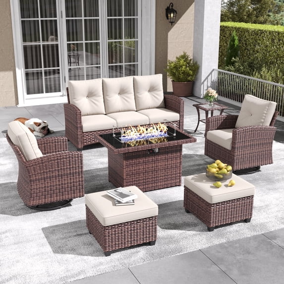 Layinsun 7 Pieces Patio Furniture Set with Swivel Chairs, Rattan Wicker Rocking Glide Chairs with 44" Propane Gas Fire Pit Table Conversation Set