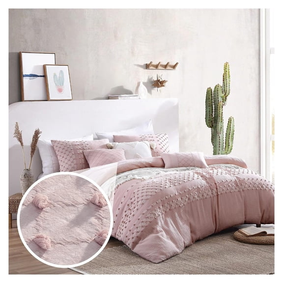 Layla 100% Cotton Washed Clip Jacquard Gauze 5-Piece Comforter Set Full/Queen Oeko-TEX Standard, Soft All-Season Bedding with Pom Pom Details for Bedroom