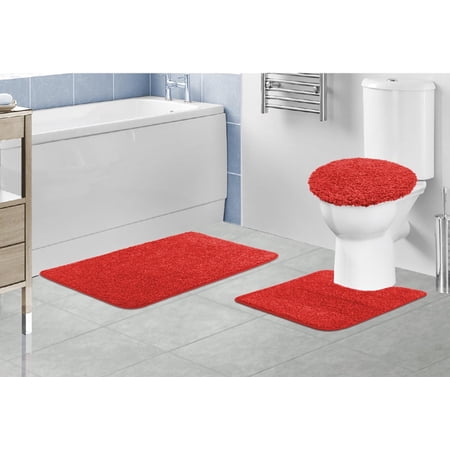 Layla 3 Piece Shaggy Bathroom Rug Set, Bath Mat, Contour Rug, Standard Toilet Lid Cover, Non-Slip, Solid Color (Red)