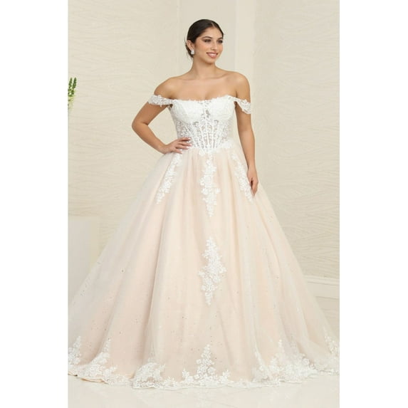 Layla K LK253B Juniors Womens Ivory/Nude Scoop Neck Floral Glitter Wedding Ball Gown