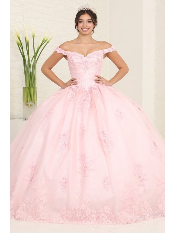 LK260 Juniors Womens Glitter Floral Embroidered Tulle Quinceanera Gown