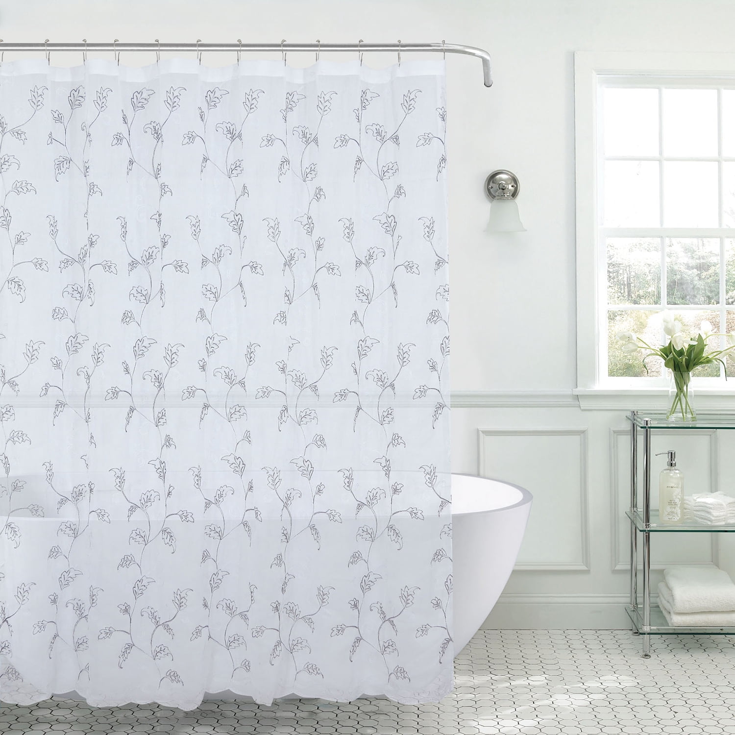 Layla Vines Voile Embroidery Shower Curtain, 12 Metal Hooks Set, White ...