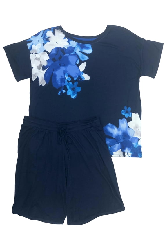 Womens Blue Floral Knit Pajamas T-Shirt & Shorts Sleep Set Large