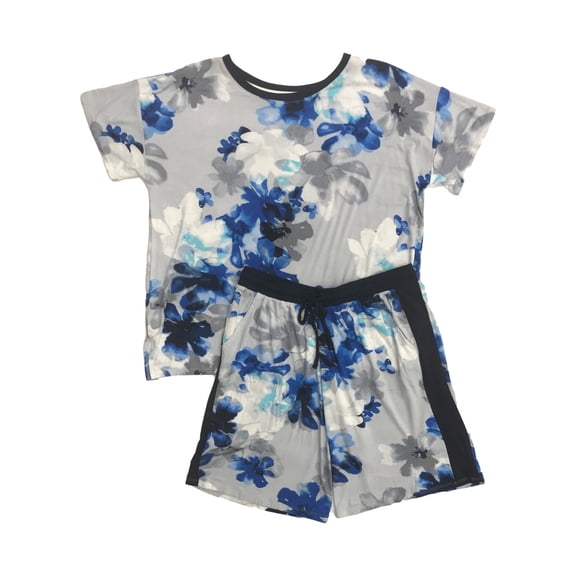 Layla Womens Gray & Blue Floral Knit Pajamas T-Shirt & Shorts Sleep Set Large