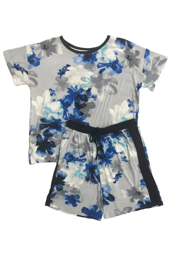 Womens Gray & Blue Floral Knit Pajamas T-Shirt & Shorts Sleep Set Large