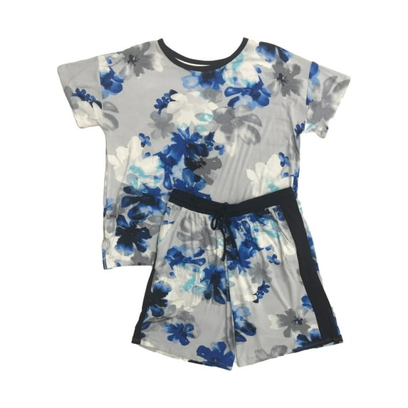 Layla Womens Gray & Blue Floral Knit Pajamas T-Shirt & Shorts Sleep Set Small