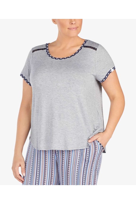 Womens Plus Size Contrast-Trim Lace-Trim Pajama Top (Grey Heather, 1X)
