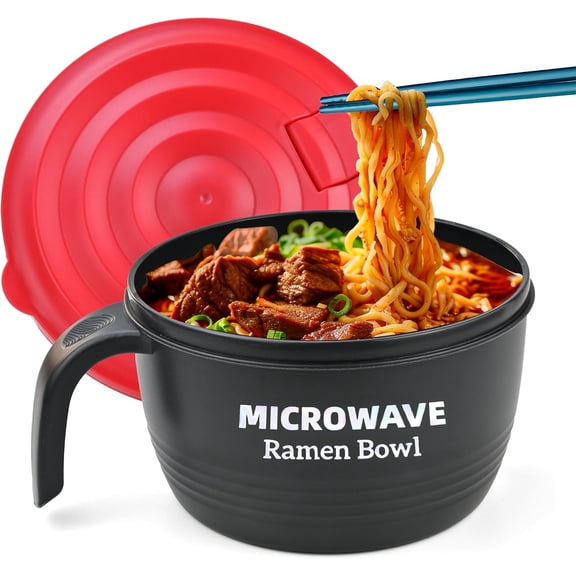 Layron Ramen Cooker Bowl - 45 oz Microwaveable Noodle Bowl Ramen in few Minutes- BPA Free and Dishwasher Safe Set with Chopsticks Perfect for Dorm, Small Kitchen, or Officee (black)