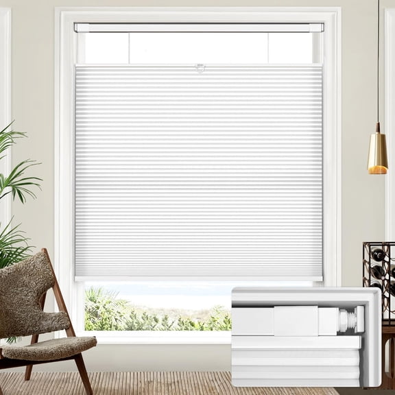 Laz Upgraded Top Down Bottom Up (TDBU) Honeycomb , No Drill No Tools Easy Install Cordless Cellular Shades for Windows 35" W x 48" H, White - Light Filtering