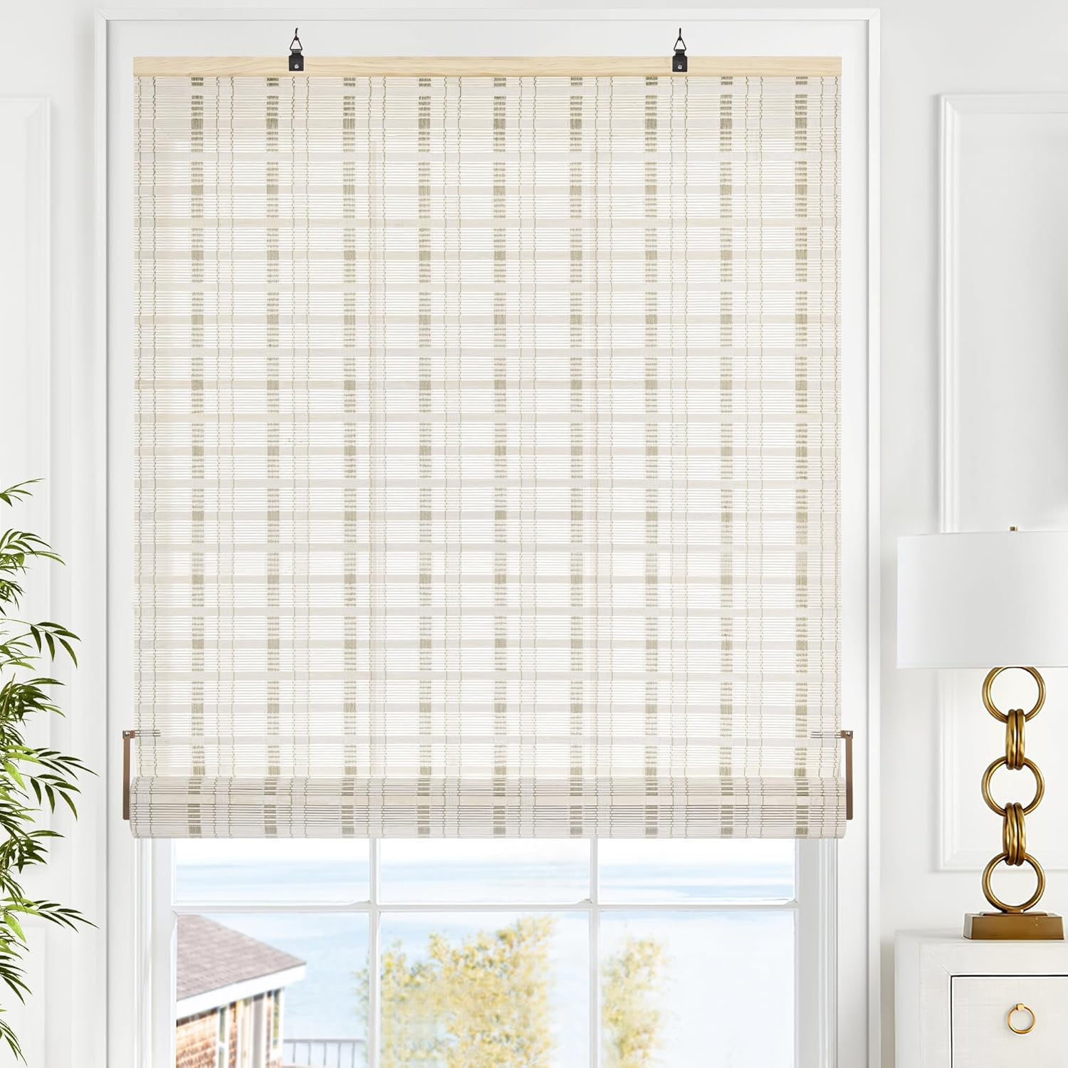 LazBlinds Cordless Bamboo Blinds, Bamboo Roll Up Shades for Windows, Light Filtering Hanging Window Blinds, Bamboo Shades for Patio Indoor/Outdoor Porch, 32'' W x 72'' H, Whitewash B