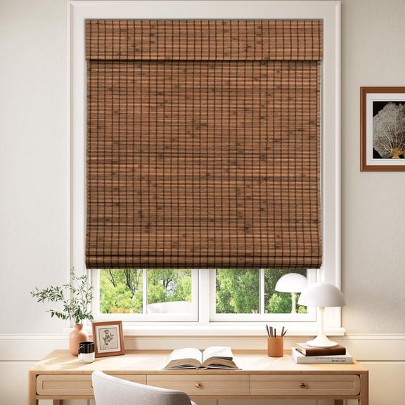 LazBlinds Cordless Blackout Bamboo Roman Shades, Room Darkening Blinds for Interior Windows, Thermal Insulated Roll Up Bamboo Blinds for Home & Patio, 32" W x 64" H, Penang Teak