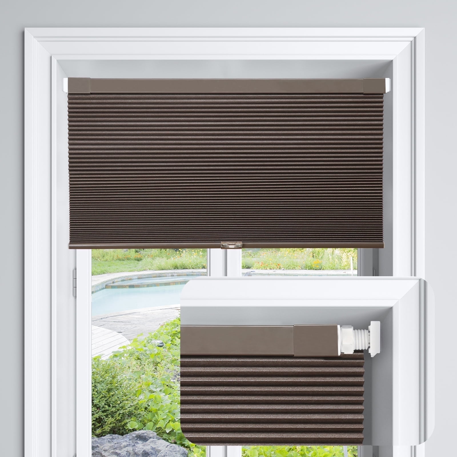 LazBlinds Cordless Cellular Shades, No Tools No Drill Blackout Honeycomb Shades Pleated Blinds for Windows, 32" W x 64" H, Dark Coffee