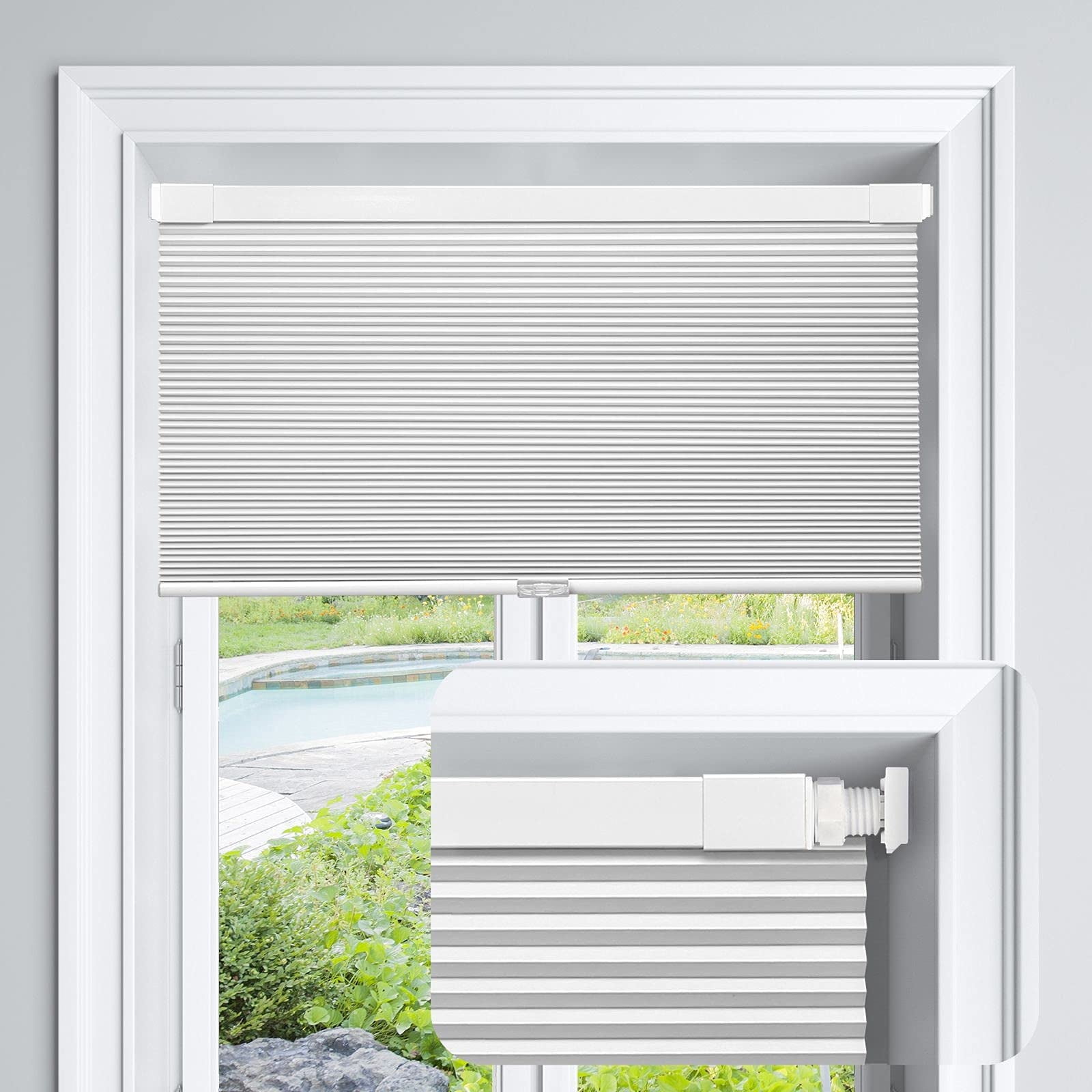 LazBlinds Cordless Cellular Shades, No Tools No Drill Blackout Honeycomb Shades Pleated Blinds for Windows, 35" W x 64" H , Silver White
