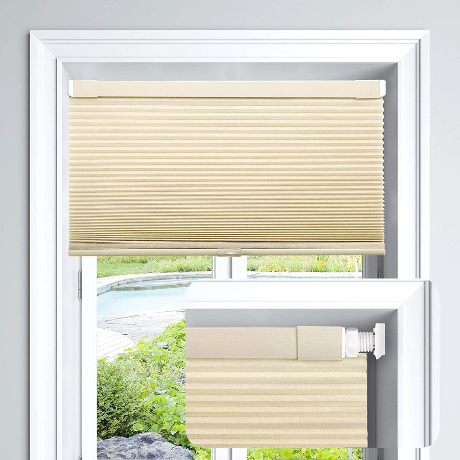 LazBlinds Cordless Cellular Shades, No Tools No Drill Light Filtering Honeycomb Shades Pleated Blinds for Windows, 34'' W x 64'' H, Alabaster