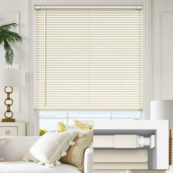 LazBlinds Cordless No Tools-No Drill 1" Vinyl Horizontal Mini Blinds, Light Filtering Blinds for Windows, Blinds & Shades for Window, 26" W x 64" H, Cream