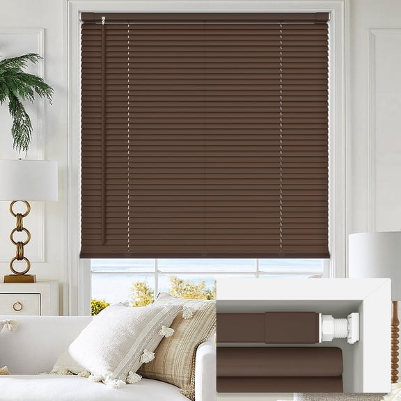 LazBlinds Cordless No Tools-No Drill 1" Vinyl Horizontal Mini Blinds, Light Filtering Blinds for Windows, Blinds & Shades for Window, 27" W x 48" H, Mahogany
