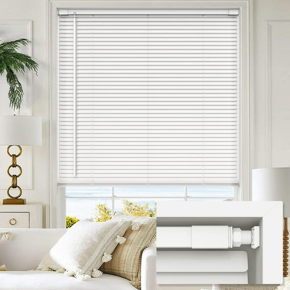 LazBlinds Cordless No Tools-No Drill 1" Vinyl Horizontal Mini Blinds, Light Filtering Blinds for Windows, Blinds & Shades for Window, 33" W x 48" H, White