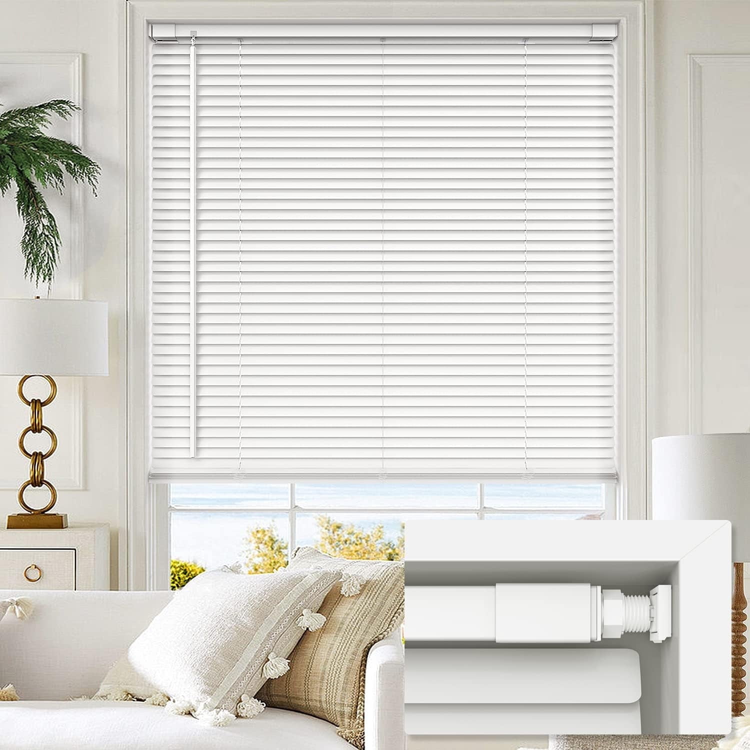 LazBlinds Cordless No Tools-No Drill 1" Vinyl Horizontal Mini Blinds, Light Filtering Blinds for Windows, Blinds & Shades for Window, 36" W x 64" H, White