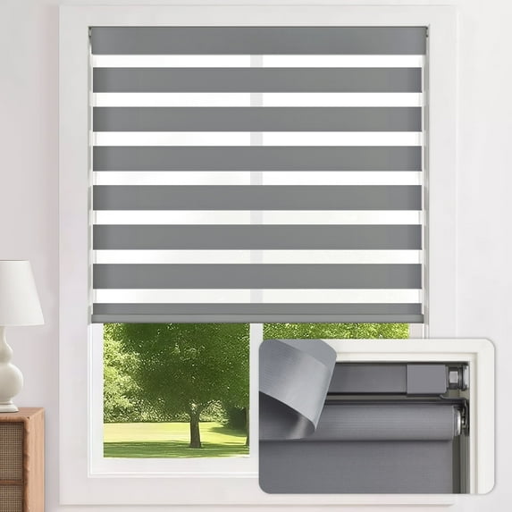 LazBlinds Cordless Zebra Blinds for Windows - Dual Layer Light Filtering & Blackout Roller Shades, Free-Stop Lift System, No Drill Easy Install, Day & Night Privacy with Valance, 22.5"W X 64"H, Grey