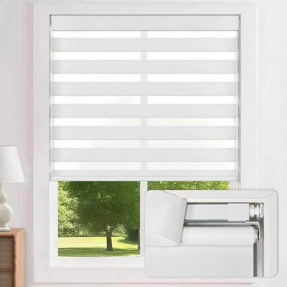 LazBlinds Cordless Zebra Blinds for Windows - Dual Layer Light Filtering & Blackout Roller Shades, Free-Stop Lift System, No Drill Easy Install, Day & Night Privacy with Valance, 26"W X 72"H, White