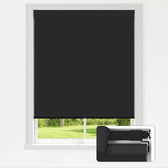 LazBlinds No Drill Blinds for Indoor Windows, Blackout Roller Shades, Cordless Window Blinds, Thermal Insulated Fabric UV Protection, for in Home and Office, 32" W x 72" H, Black
