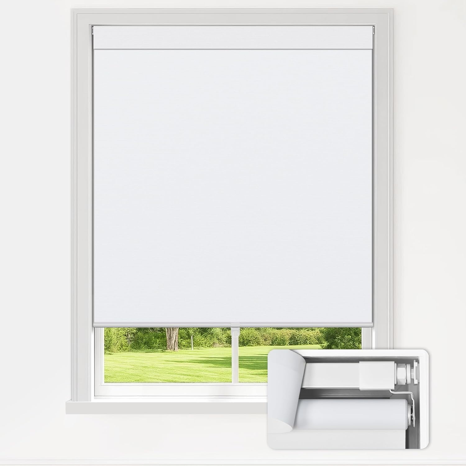 LazBlinds No Drill Blinds for Indoor Windows, Blackout Roller Shades, Cordless Window Blinds, Thermal Insulated Fabric UV Protection, for in Home and Office, 34.5" W x 72" H, White