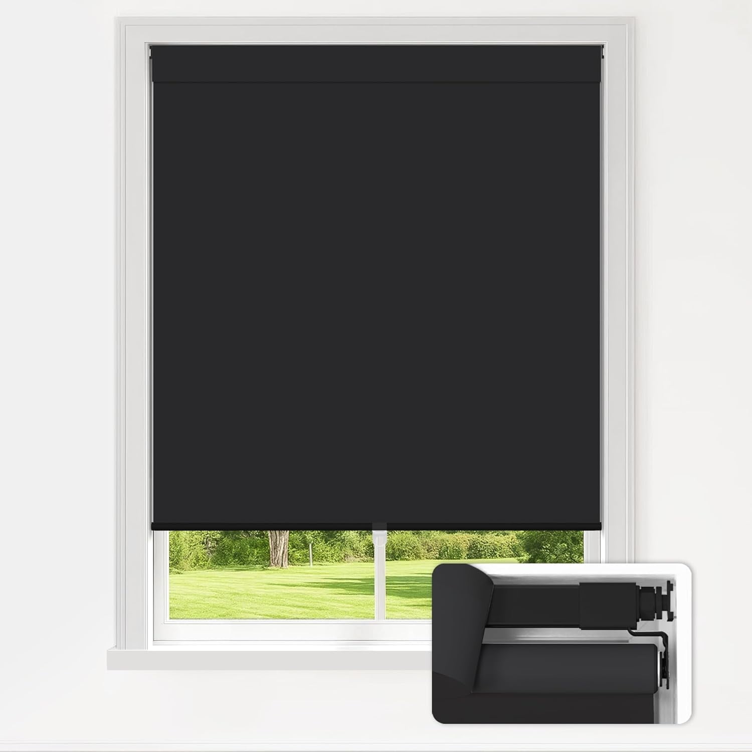 LazBlinds No Drill Blinds for Indoor Windows, Blackout Roller Shades, Cordless Window Blinds, Thermal Insulated Fabric UV Protection, for in Home and Office, 46" W x 72" H, Black