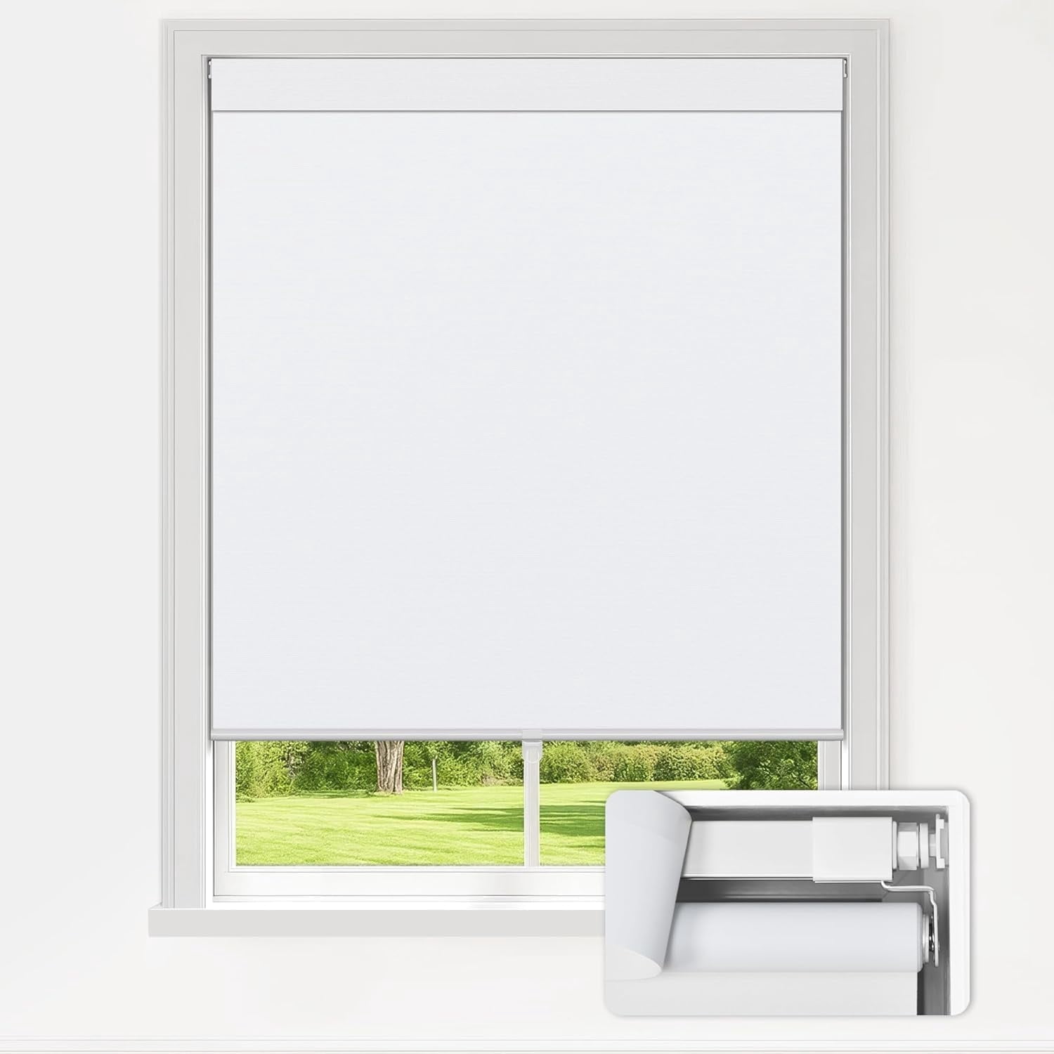 LazBlinds No Drill Blinds for Indoor Windows, Blackout Roller Shades, Cordless Window Blinds, Thermal Insulated Fabric UV Protection, for in Home and Office, 46" W x 72" H, White