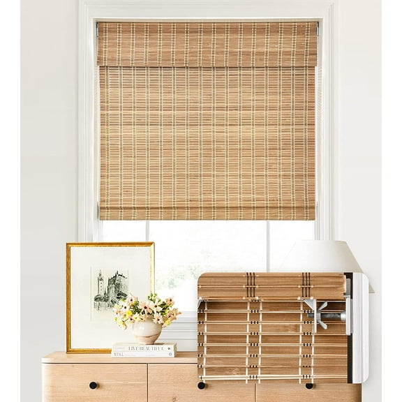 LazBlinds No Tools No Drill Cordless Bamboo Roman Shades, Light Filtering Window Treatment, Roll Up Bamboo Blinds for Window 29'' W x 64'' H, Brown