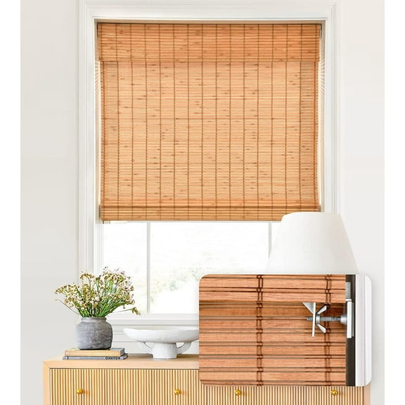 LazBlinds No Tools No Drill Cordless Bamboo Roman Shades, Light Filtering Window Treatment, Roll Up Bamboo Blinds for Window 32'' W x 64'' H, Wood