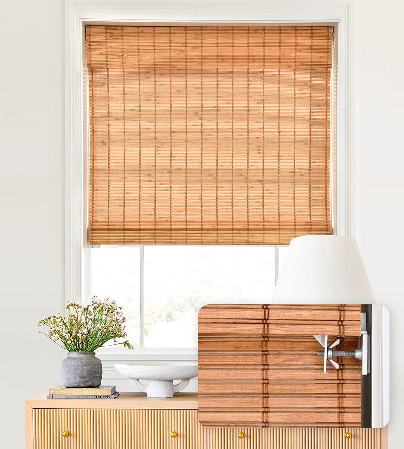 LazBlinds No Tools No Drill Cordless Bamboo Roman Shades, Light Filtering Window Treatment, Roll Up Bamboo Blinds for Window 38'' W x 64'' H, Wood