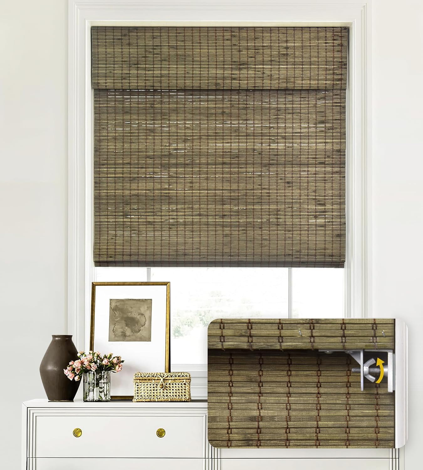 LazBlinds No Tools No Drill Cordless Bamboo Roman Shades, Privacy Window Treatment, Roll Up Bamboo Blinds for Window 20'' W x 64'' H, Driftwood
