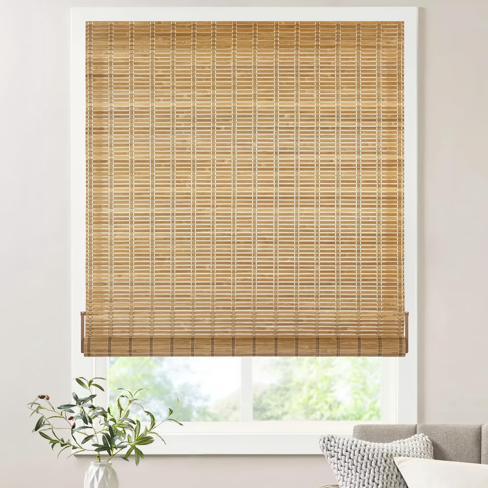LazBlinds No Tools No Drill Bamboo Roller Shades, Cordless Bamboo Blinds, Light Filtering Roll Up Blinds for Windows, French Door, Porch or Patio Privacy Screen, 27'' W x 64'' H, Brown206