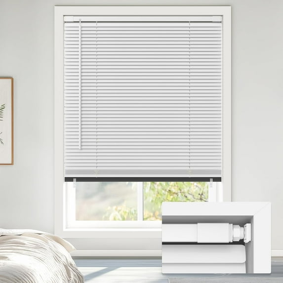 LazBlinds No Tools No Drill Cordless 1" Vinyl Mini Blinds, 100% Blackout Blinds for Indoor Windows, Room Darkening Privacy Window Blinds and Shades for Interior, 25" W x 64" H, White