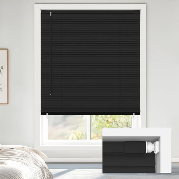 LazBlinds No Tools No Drill Cordless 1" Vinyl Mini Blinds, 100% Blackout Blinds for Indoor Windows, Room Darkening Privacy Window Blinds and Shades for Interior, 26 1/2" W x 48" H, Black