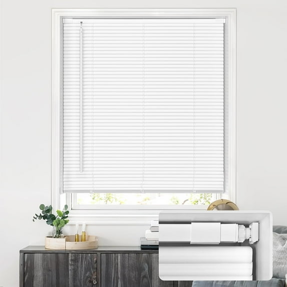 LazBlinds No Tools No Drill Cordless 1" Vinyl Mini Blinds, 100% Privacy S-Curve Blinds for Indoor Windows, Room Darkening Horizontal Window Blinds and Shades for Home, 27" W x 64" H, White