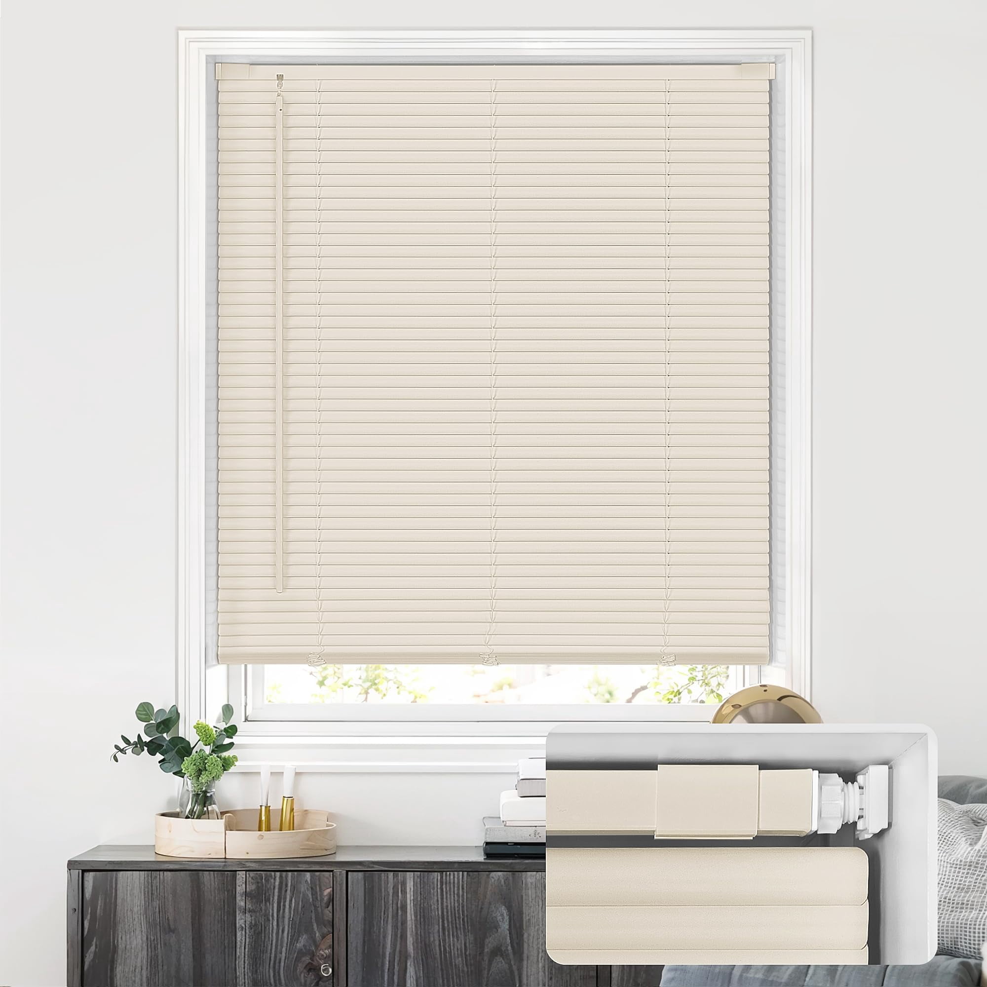 LazBlinds No Tools No Drill Cordless 1" Vinyl Mini Blinds, 100% Privacy S-Curve Blinds for Indoor Windows, Room Darkening Horizontal Window Blinds and Shades for Home, 34 1/2" W x 48" H, Beige