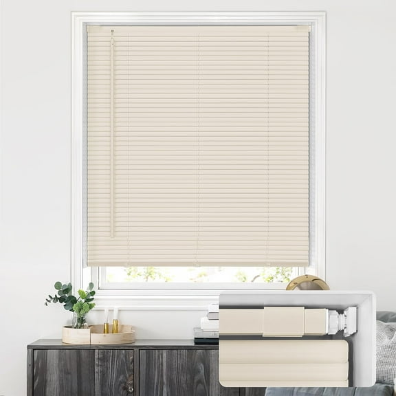 LazBlinds No Tools No Drill Cordless 1" Vinyl Mini Blinds, 100% Privacy S-Curve Blinds for Indoor Windows, Room Darkening Horizontal Window Blinds and Shades for Home, 34" W x 48" H, Beige