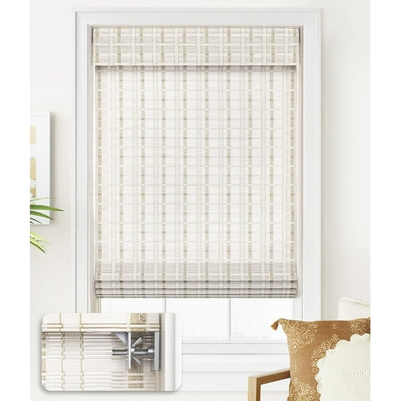 LazBlinds No Tools No Drill Cordless Bamboo Roman Shades, Light Filtering Window Treatment, Roll Up Bamboo Blinds for Window 20'' W x 64'' H, Whitewash B