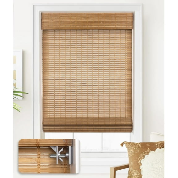 LazBlinds No Tools No Drill Cordless Bamboo Roman Shades, Light Filtering Window Treatment, Roll Up Bamboo Blinds for Window 22'' W x 64'' H, Squirrel